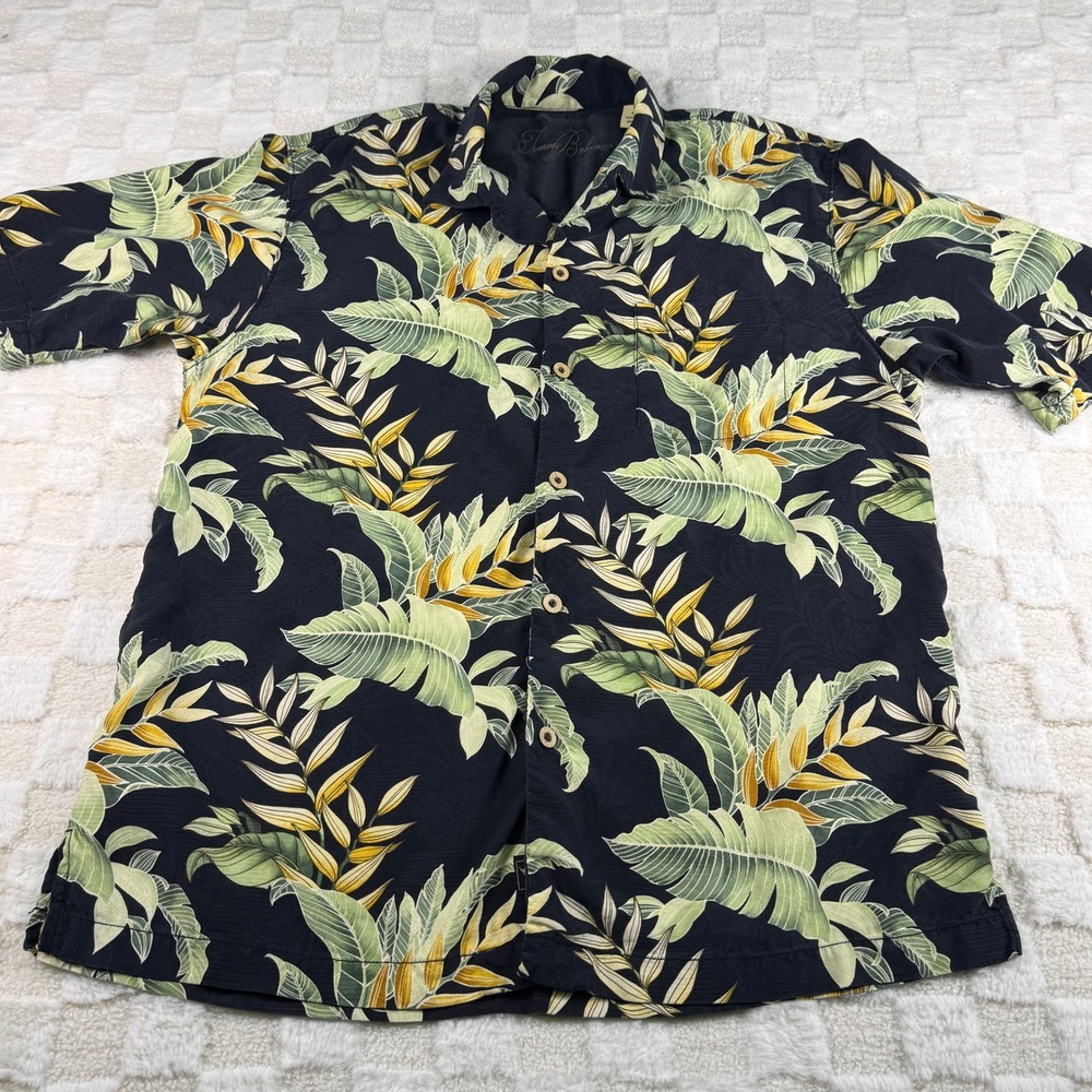 Tommy Bahama Mens Medium Silk Tropical Leaf Floral Camp Shirt Navy Blue RN 86549